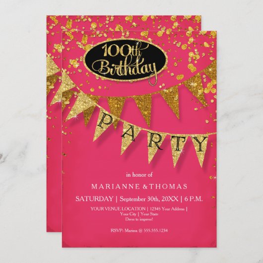 100th Birthday Party Pennant Banner Confetti Kaart (Voorkant / Achterkant)