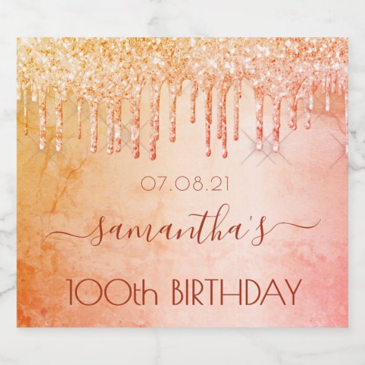 100th Birthday party roze roze roze roos goud glit Sparkling Wijnetiket (Enkel label)