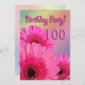 100th Birthday party, uitnodiging met roze bloemen (Voorkant / Achterkant)