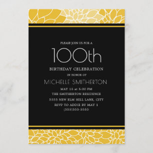 100th Birthday Party Yellow White Black Floral Kaart