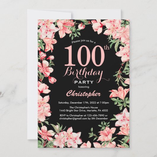 100th Birthday Pink Floral Flowers Black Backgroun Kaart (Voorkant)