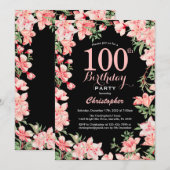 100th Birthday Pink Floral Flowers Black Backgroun Kaart (Voorkant / Achterkant)
