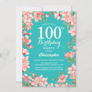 100th Birthday Pink Floral Flowers Blauwgroen Back Kaart