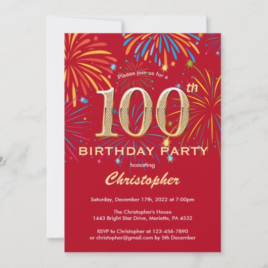 100th Birthday Red en Gold Rainbow Fireworks Kaart (Voorkant)