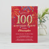 100th Birthday Red en Gold Rainbow Fireworks Kaart (Staand voorkant)