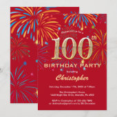 100th Birthday Red en Gold Rainbow Fireworks Kaart (Voorkant / Achterkant)