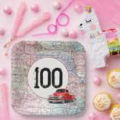 100th Birthday Red Retro Truck on Road Map Papieren Bordje (Feest)