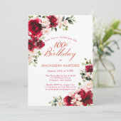 100th Birthday Red Rose Pink Peony Floral Kaart (Staand voorkant)