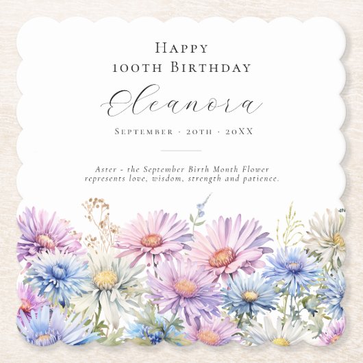 100th Birthday September Birth Flower Custom Kartonnen Onderzetters (Voorkant)