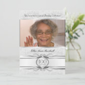 100th Birthday - Silver Damask Photo Invitation Kaart (Staand voorkant)