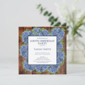 100th Birthday Wood Blue Hydrangeas Rustic Party Kaart (Staand voorkant)