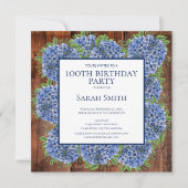 100th Birthday Wood Blue Hydrangeas Rustic Party Kaart (Voorkant)