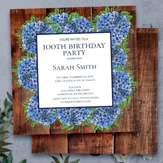 100th Birthday Wood Blue Hydrangeas Rustic Party Kaart