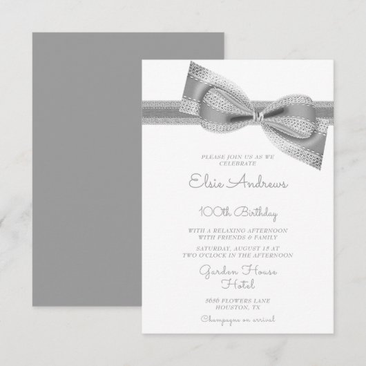 100th Centenarian Silver Bow & Ribbon Birthday Kaart (Voorkant / Achterkant)