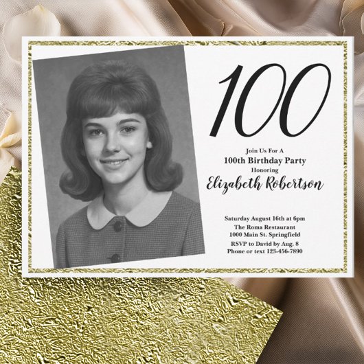 100th Custom Photo White and Gold  Kaart
