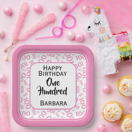 100th Party Willekeurig Nummer Patroon Roze/Wit Papieren Bordje (Feest)