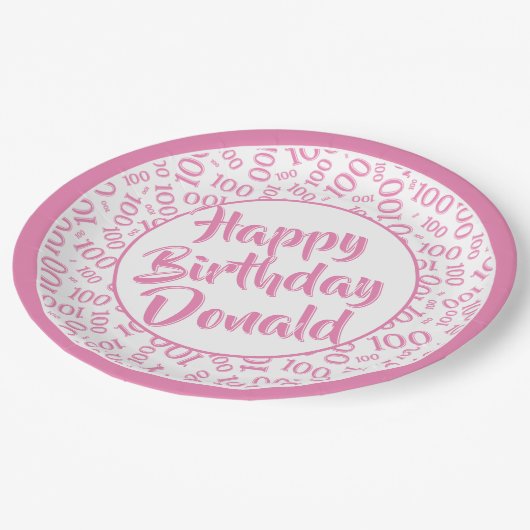 100th Party Willekeurig Nummer Patroon Roze/Wit Papieren Bordje (Gekanteld)