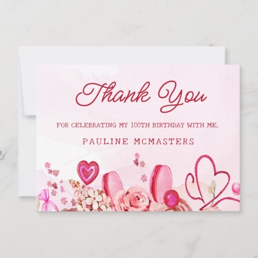 100th Verjaardag Roze Rose Swirly Heart Dank u (Voorkant)