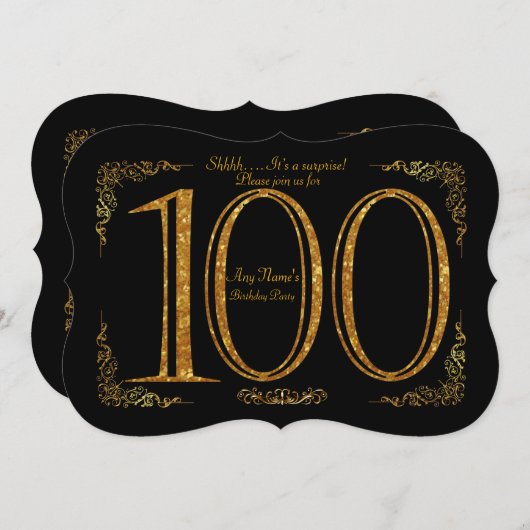 100th, Verjaardagsfeest 100th, Gatsby, zwart & gou Kaart (Voorkant / Achterkant)