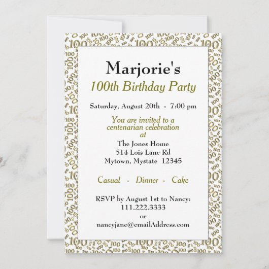 100th verjaardagsfeestje goud / wit nummerpatroon kaart (Voorkant)