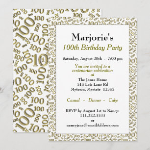 100th verjaardagsfeestje goud / wit nummerpatroon kaart