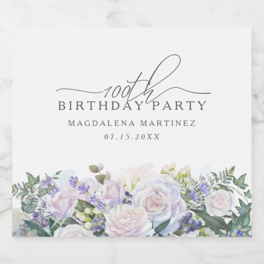 100tn Verjaardagsfeest Wit Rose Blauw Bloemen Cust Sparkling Wijnetiket (Enkel label)