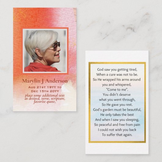 100x Aarts Perzik Sinaasappel FOTO Gebedsherdenkin Visitekaartje (Voorkant / Achterkant)