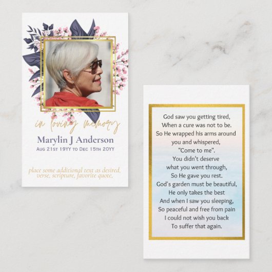 100x budget Roze Floral Foto Memorial Prayer Visitekaartje (Voorkant / Achterkant)