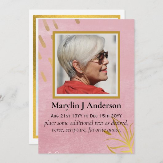 100x Elegant Roze Goud  FOTO Herdenkingskaart Gebe Kaart (Voorkant / Achterkant)