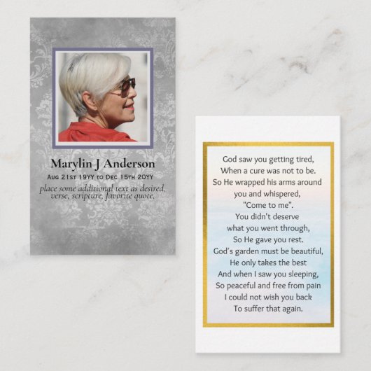 100x Elegant Silver Damask PHOTO Prayer Memorial Visitekaartje (Voorkant / Achterkant)