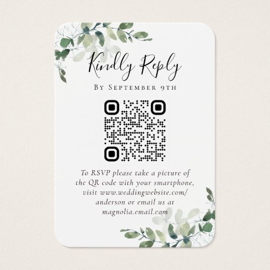 100x Wedding Website QR Code Foto Eucalyptus RSVP Visitekaartje (Voorkant)