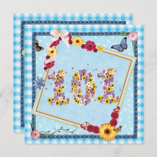 101 Verjaardagsfeest Uitnodiging bloemen, vlinders (Voorkant / Achterkant)
