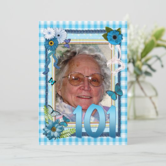 101e uitnodiging voor fotoverjaardagsfeestje (Staand voorkant)