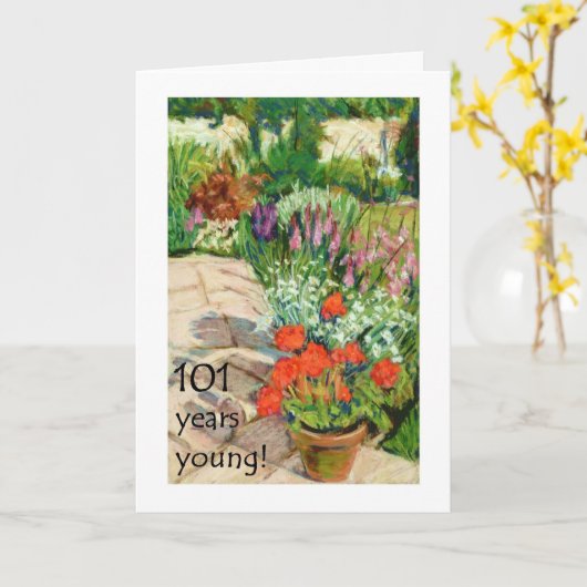 101e Verjaardag Kaart - Red Geraniums (Gele Bloem)