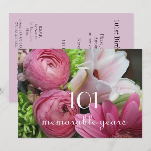 101e verjaardag!- roze bloemen kaart (Voorkant / Achterkant)