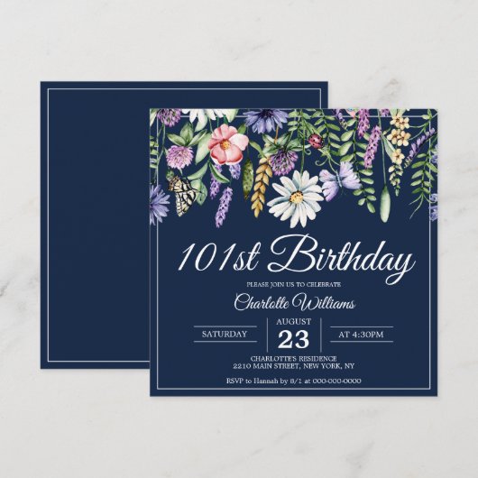 101e verjaardag Wildflower Navy Elegant 101 jaar Kaart (Voorkant / Achterkant)