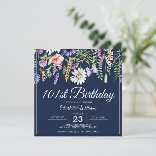 101e verjaardag Wildflower Navy Elegant 101 jaar Kaart (Staand voorkant)
