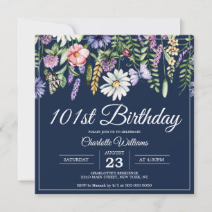 101e verjaardag Wildflower Navy Elegant 101 jaar Kaart
