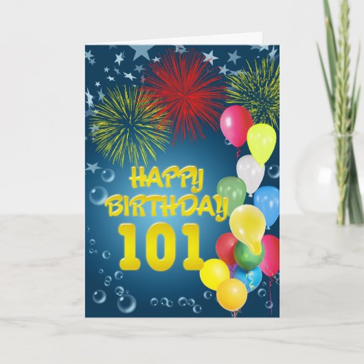 101e verjaardagskaart met vuurwerk en ballonnen kaart (Voorkant)