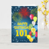 101e verjaardagskaart met vuurwerk en ballonnen kaart (Gele Bloem)