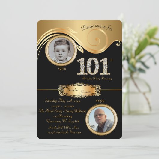 101st, Birthday Man 101st, elegant art deco, zwart Kaart (Staand voorkant)