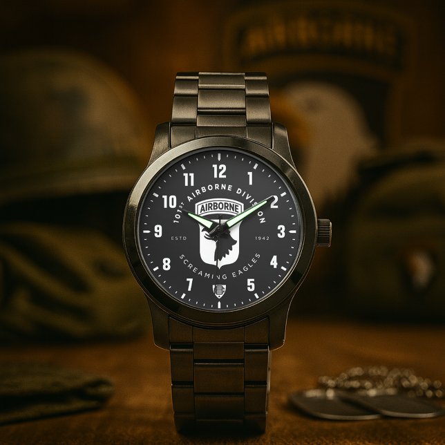 101ste Airborne Divisie "Screaming Eagles"-tribute Horloge (101st Airborne Division "Screaming Eagles" Tribute Black Stainless Steel Watch)