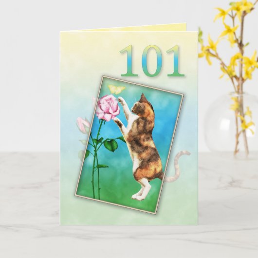 101ste Verjaardag met een speelse kat Kaart (Gele Bloem)