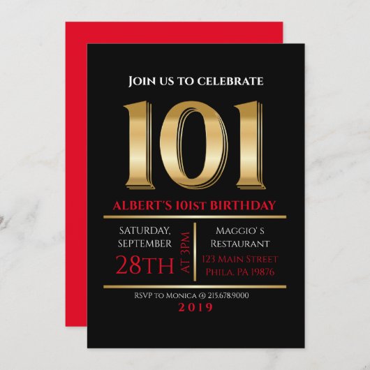 101th Birthday Gold Black Party Invitation Kaart (Voorkant / Achterkant)