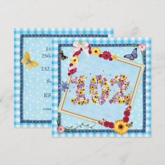 102 Verjaardagsfeest Uitnodiging bloemen, vlinders (Voorkant / Achterkant)