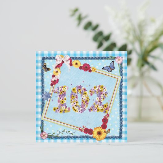 102 Verjaardagsfeest Uitnodiging bloemen, vlinders (Staand voorkant)