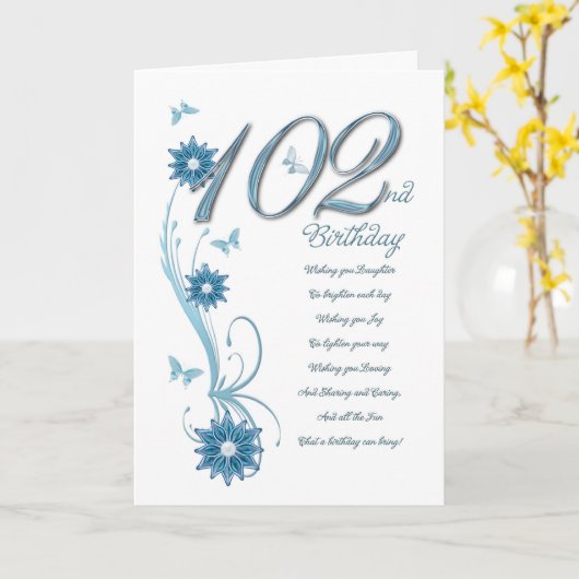 102e verjaardag in blauwgroen met bloemen kaart (Gele Bloem)