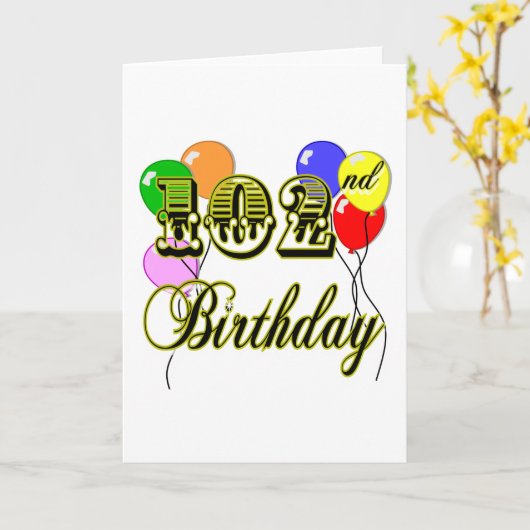 102e verjaardag met ballonnen kaart (Gele Bloem)