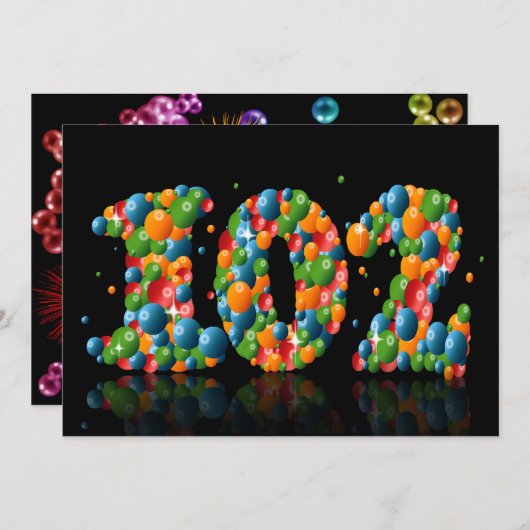 102e verjaardag, met bubbels en ballen kaart (Voorkant / Achterkant)