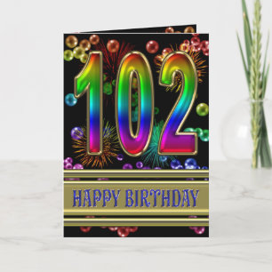 102e verjaardag met regenboogbubbels en vuurwerk kaart